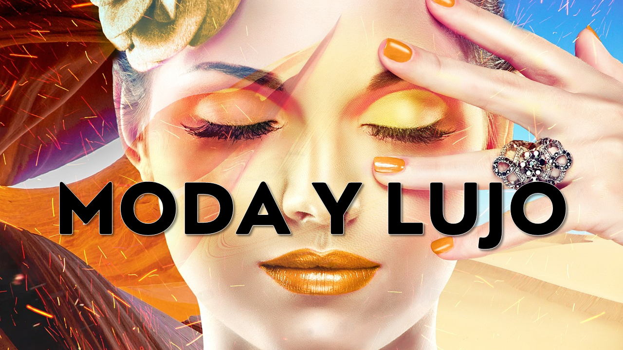 Cara de mujer con maquillaje dorado brillante, joyas de lujo y las plabras "moda y lujo" escritas de negro