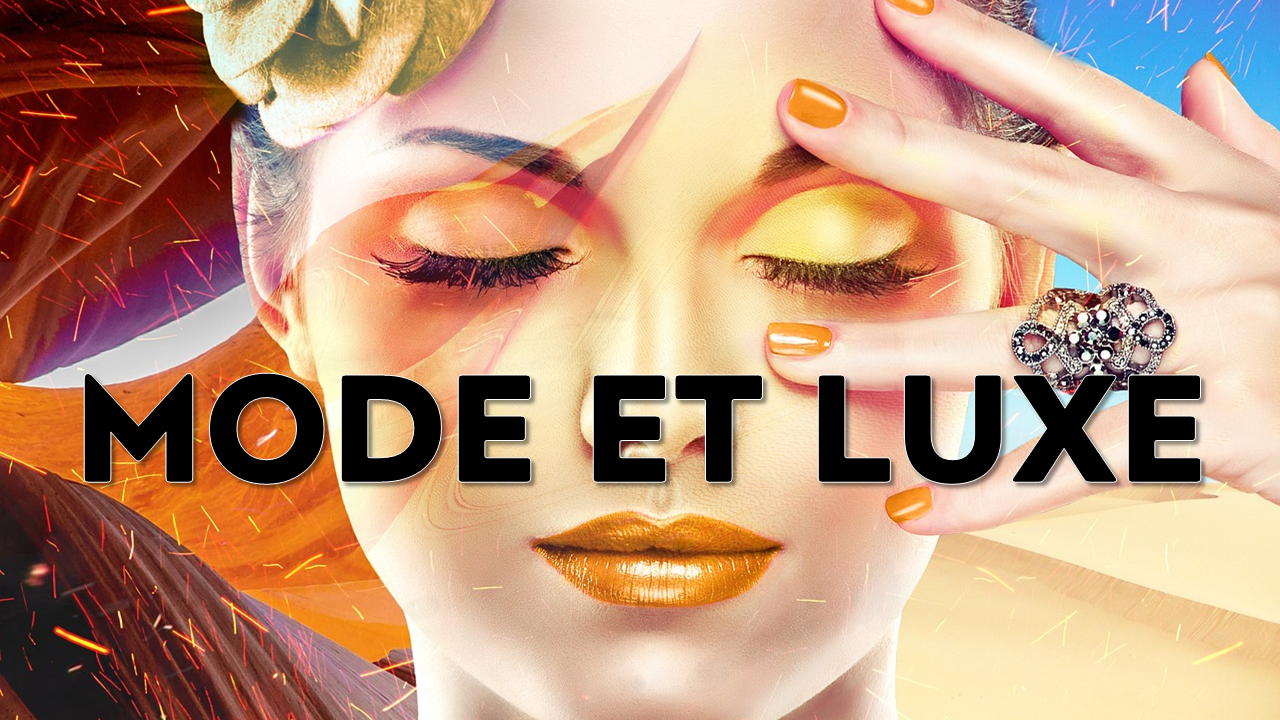 Visage de femme avec maquillage féérique doré, bijoux de luxe et les mots "mode et luxe" écrits en noir